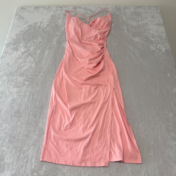 NWT Halara Womens Softlyzero Ruched Backless Lace Up Split Bodycon Dress M Peach - Picture 3 of 9